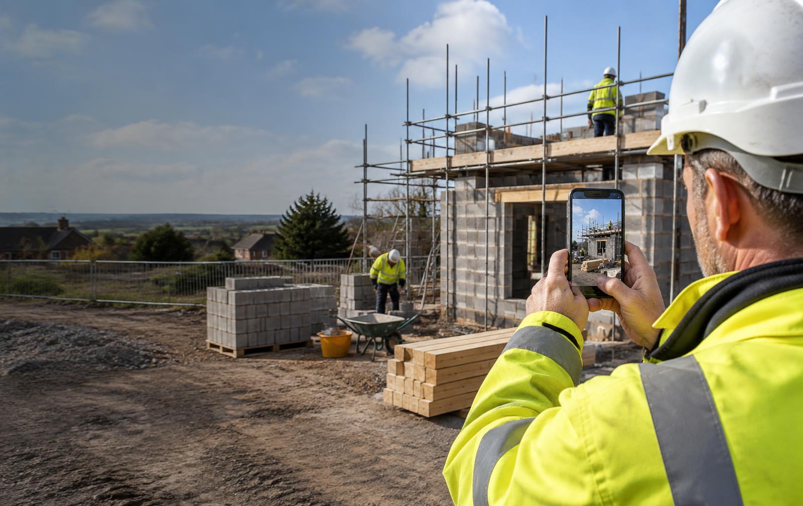 Builder capturing progress on a construction site with a phone